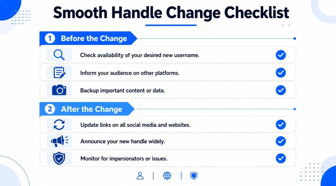 A checklist infographic titled Smooth Handle Change Checklist detailing steps to take before and after updating usernames.