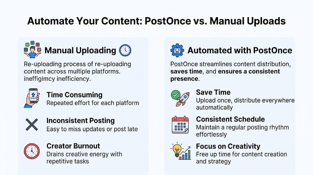 A comparison infographic showing the benefits of using PostOnce for automated social media content distribution versus manual uploads.