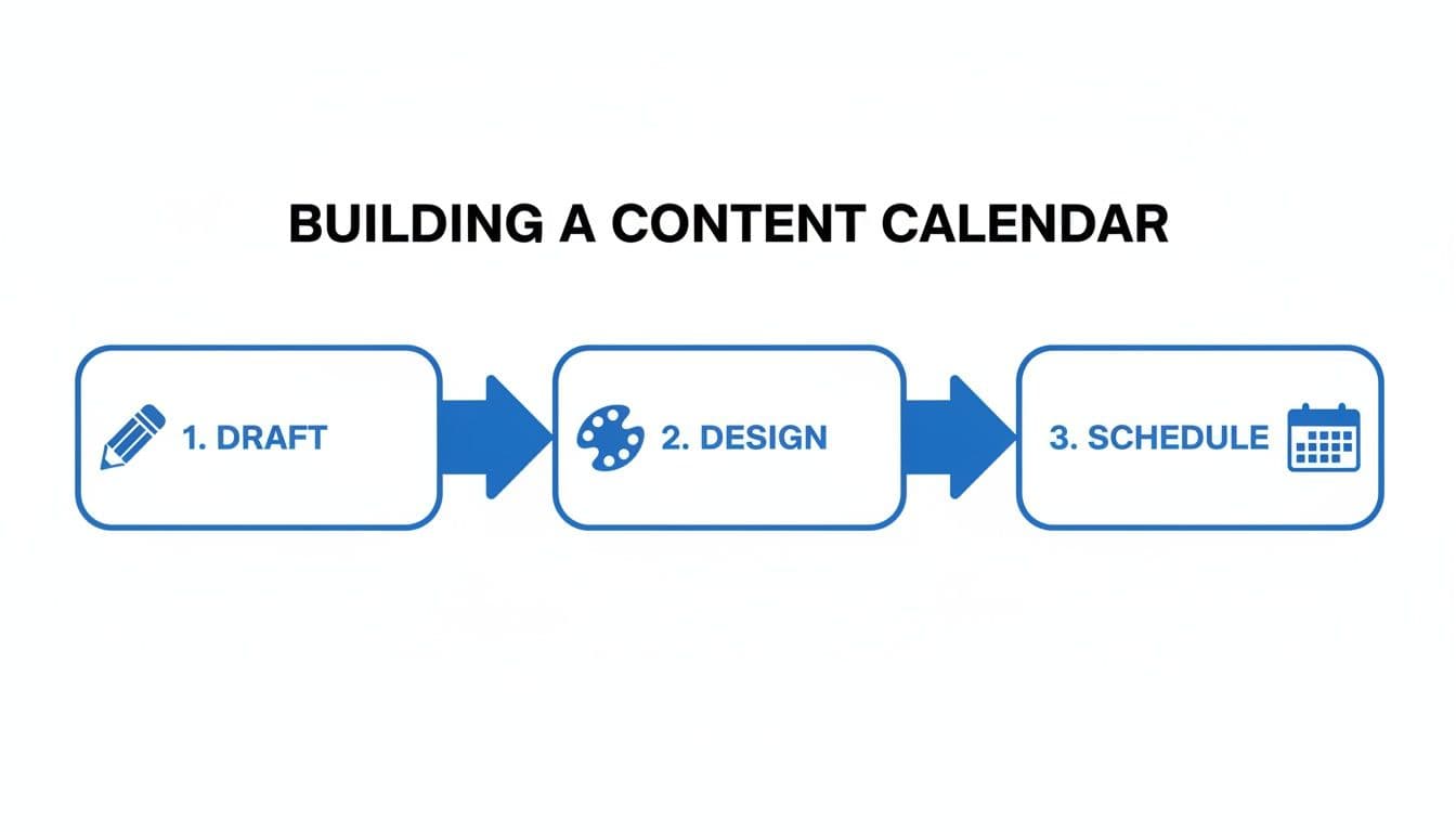 A three-step diagram illustrating how to build a content calendar: Draft, Design, and Schedule.