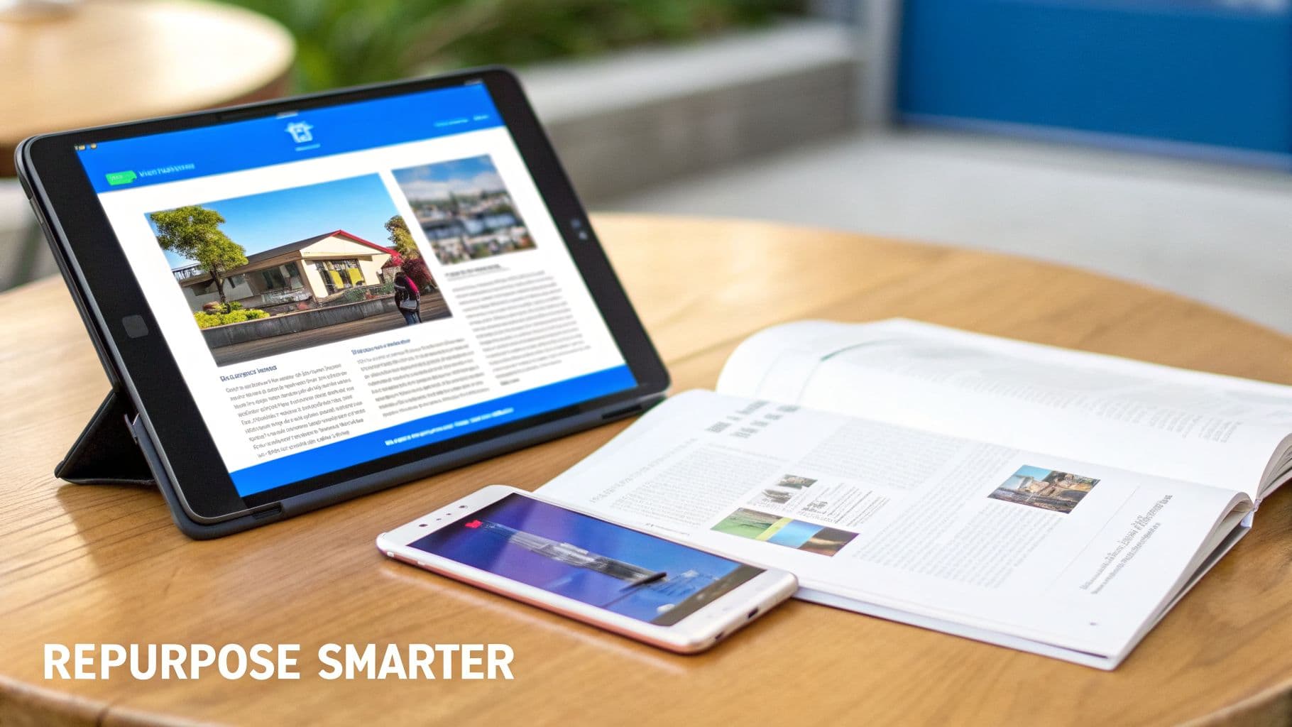 Digital and print media, including a tablet, smartphone, and magazine, on a wooden table.