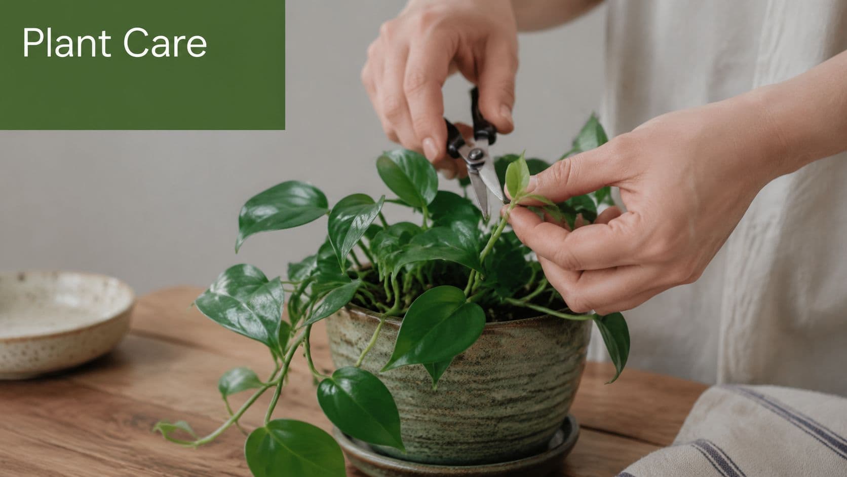 A person uses small scissors to carefully prune a green heart-shaped houseplant sitting in a ceramic pot.