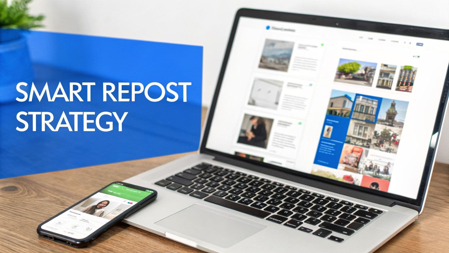A laptop and smartphone on a wooden desk displaying social media content, with 'SMART REPOST STRATEGY' text.