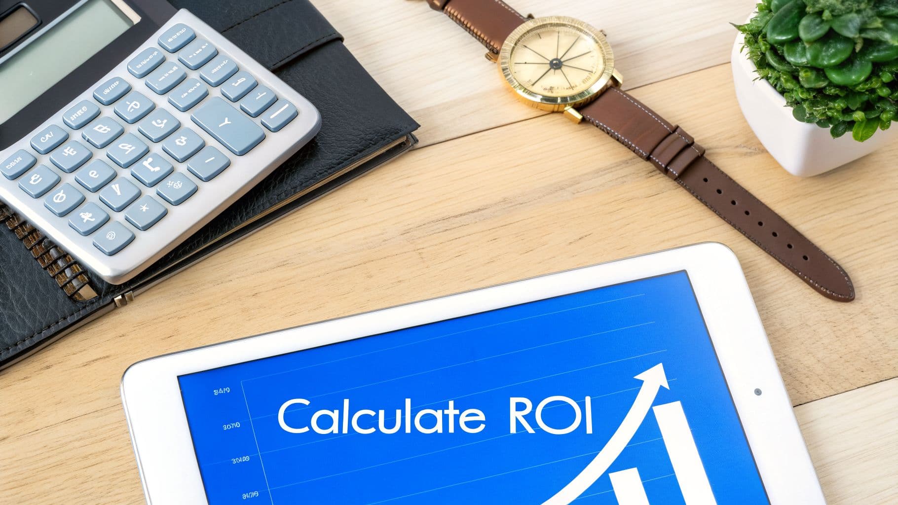 A flat lay of a desk showing a calculator, watch, plant, and tablet displaying 'Calculate ROI' with an upward trend.