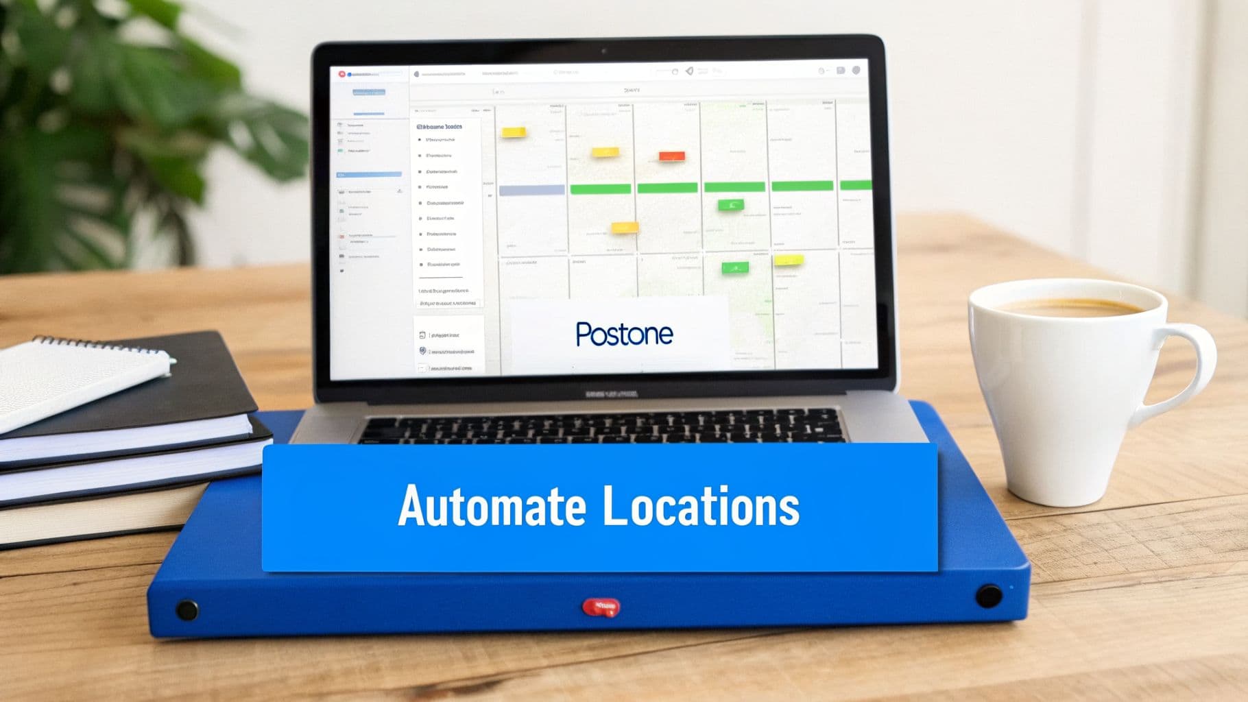 Laptop displaying 'Postone' software for automating locations, alongside a coffee cup and notebooks on a desk.