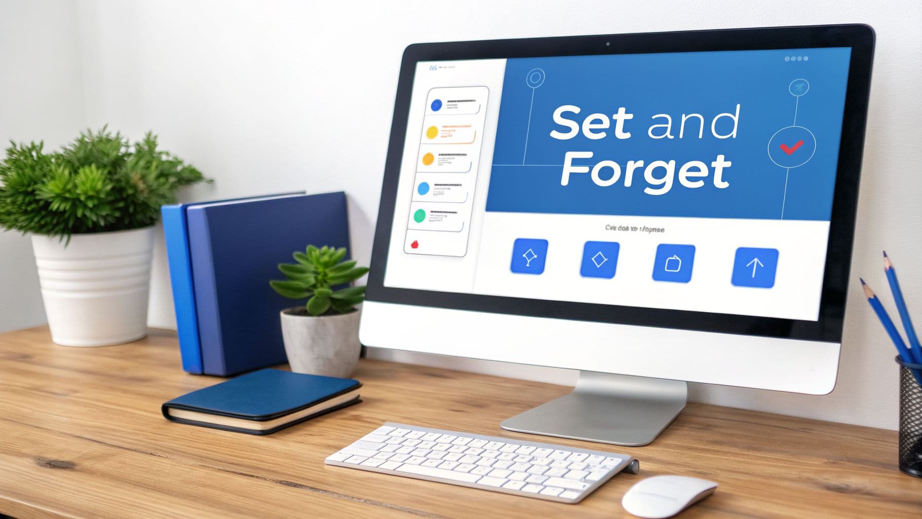 A clean desk setup with a computer displaying 'Set and Forget', plants, and office supplies.