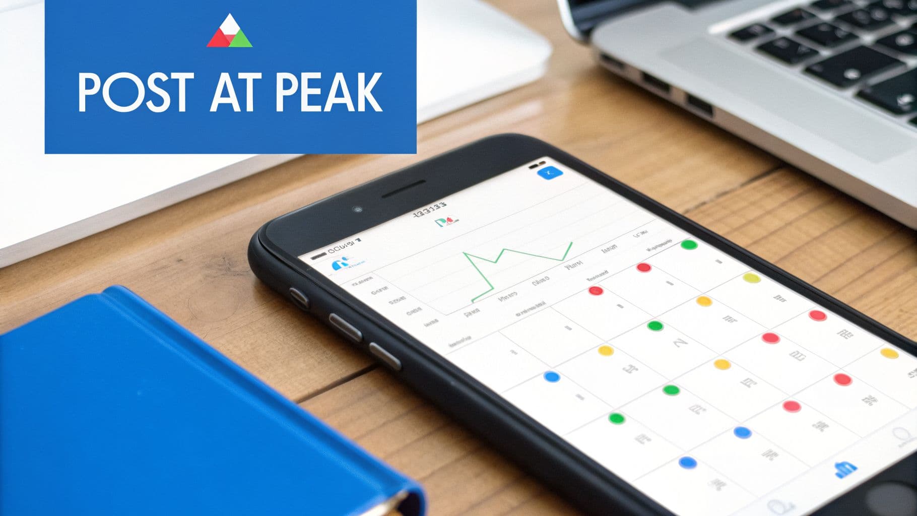 A smartphone displays a social media scheduling app with a calendar and a graph. A 'POST AT PEAK' banner is visible.