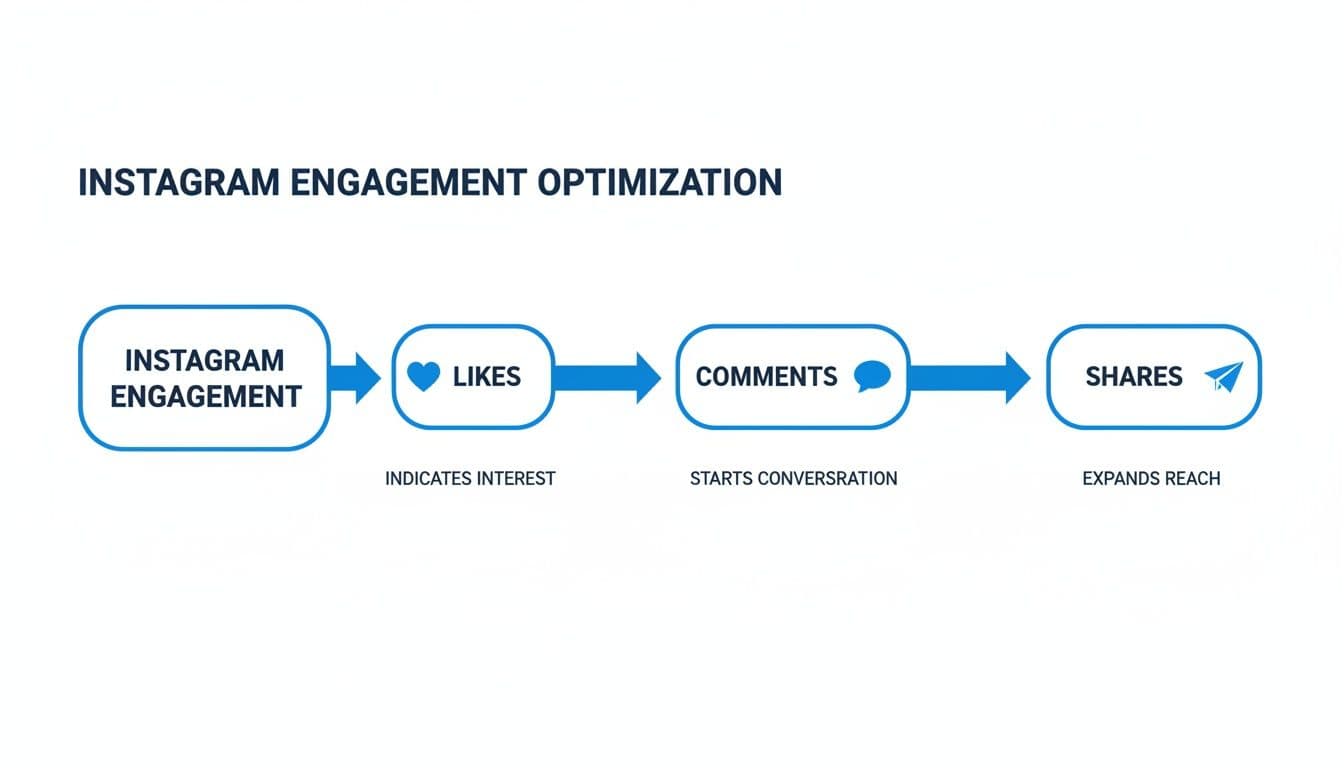 Flowchart illustrating Instagram engagement optimization stages: engagement to likes, comments, and shares, expanding reach.