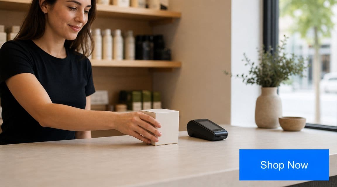 A store clerk placing a white product box on a counter next to a card payment terminal.