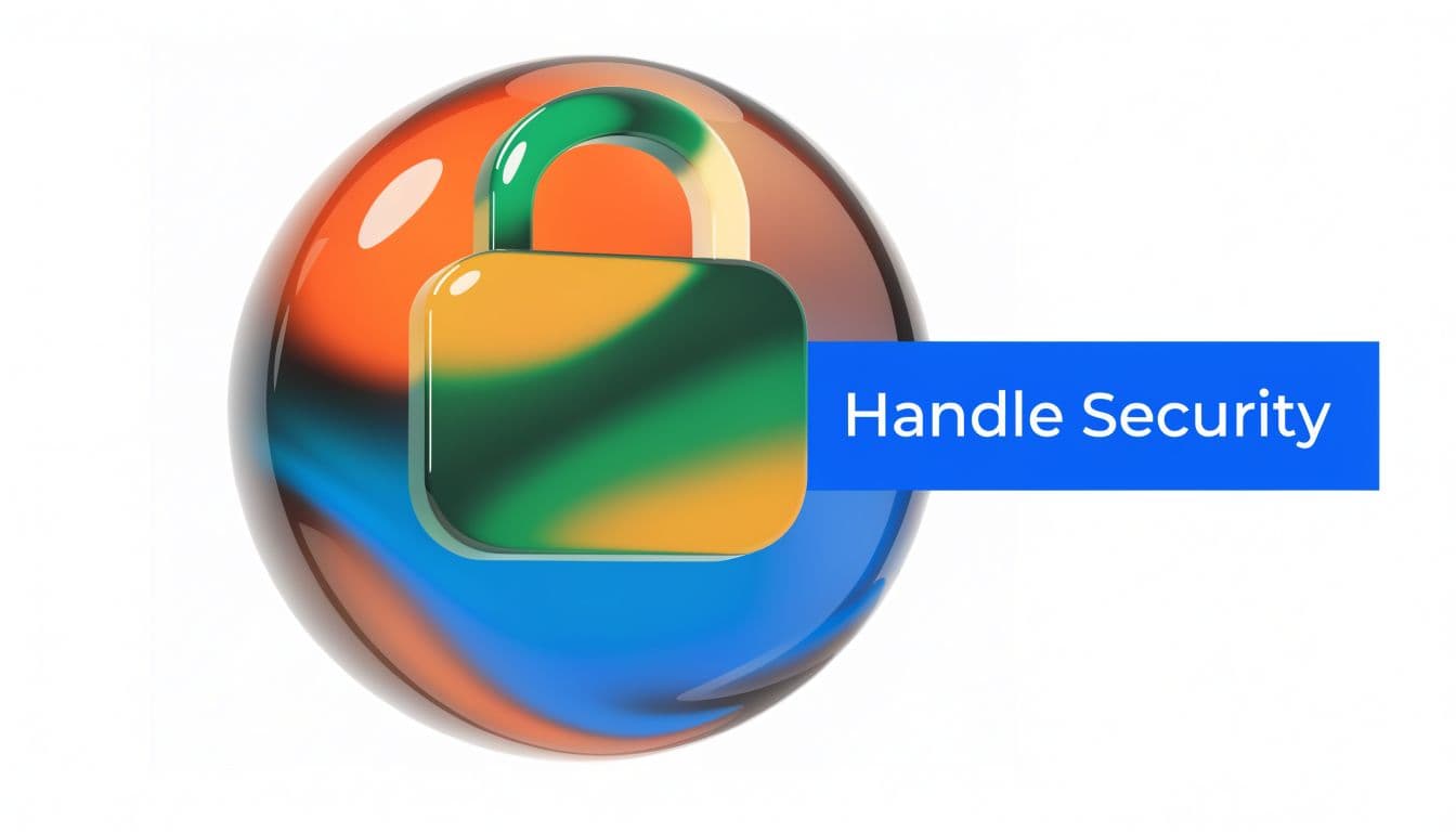 A 3D glossy sphere with a colorful background containing a padlock icon and a security label.