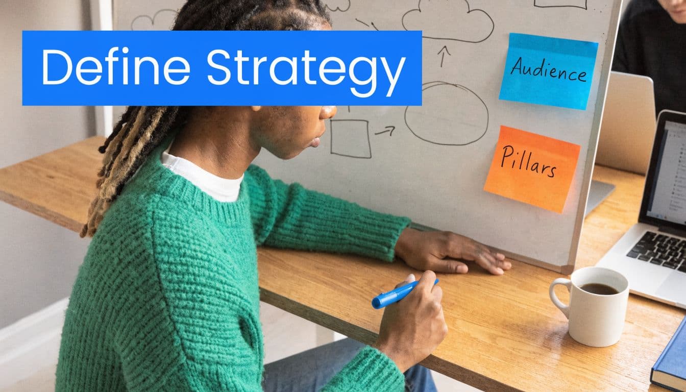 A person in a green sweater brainstorming content strategy on a whiteboard with sticky notes.