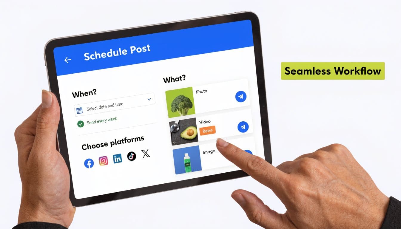 A person using a tablet to schedule social media content through an app interface for digital marketing.