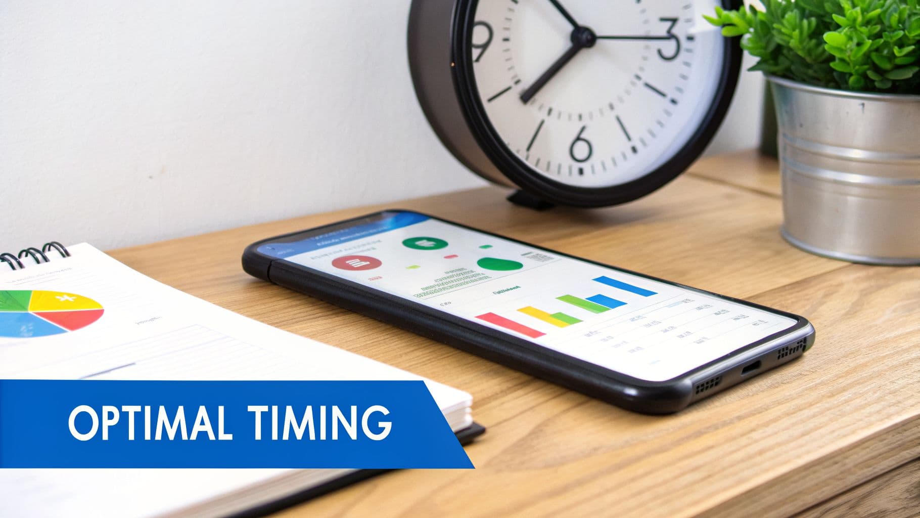 A smartphone displaying data charts and graphs next to a notebook, a clock, and a plant.