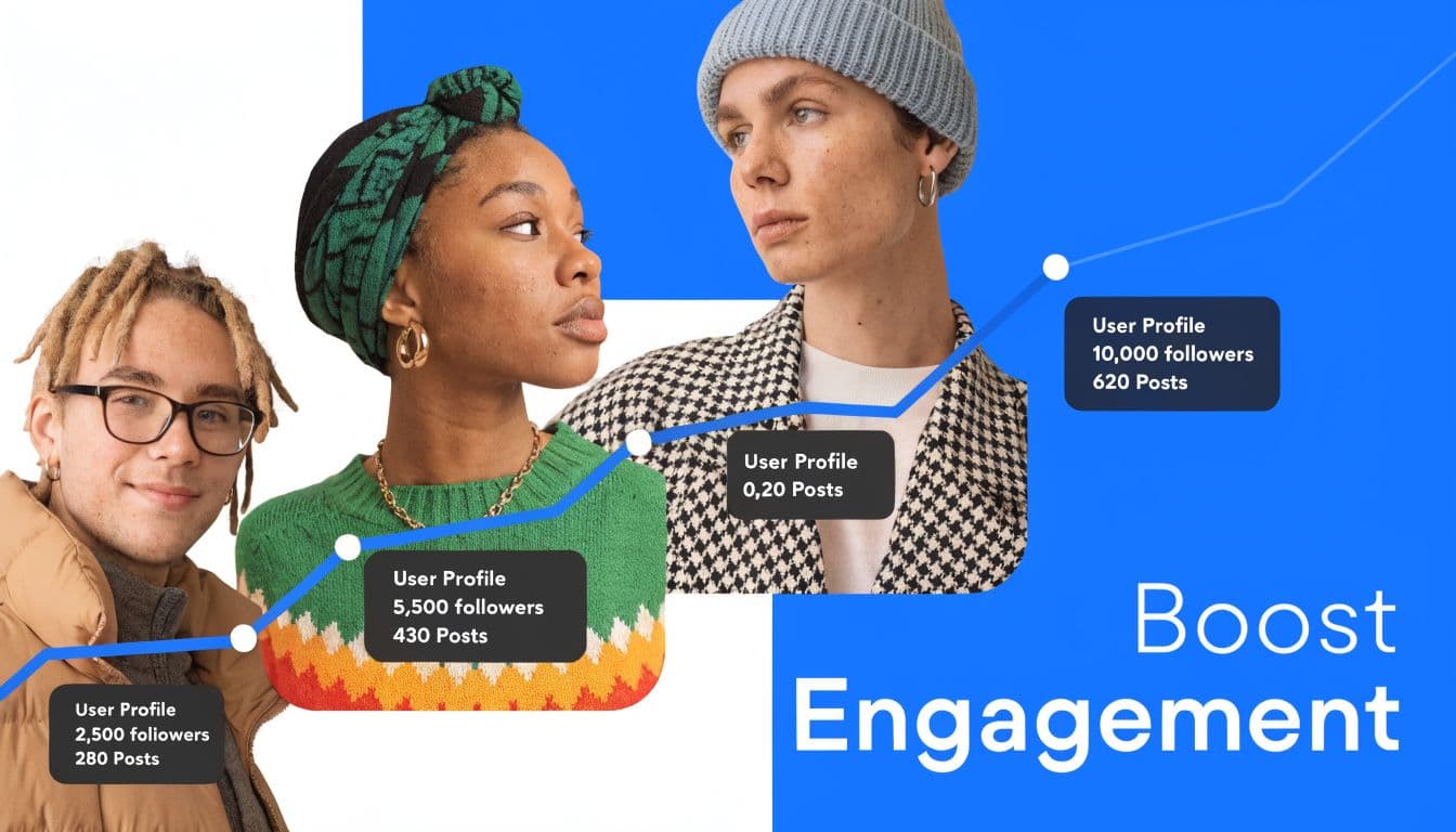 A social media marketing concept showing influencers and a growth chart to boost follower engagement levels.
