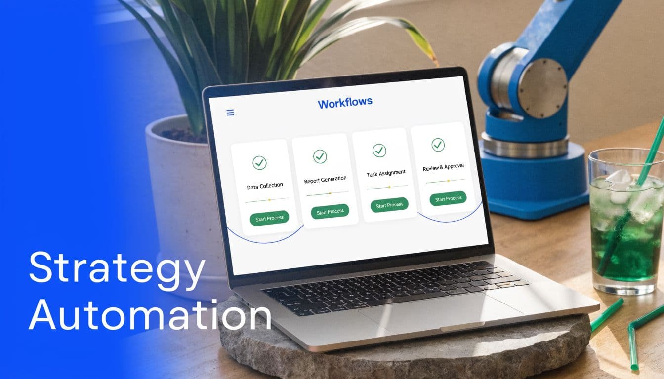 A laptop displays a workflow automation dashboard featuring tasks like data collection and report generation for business strategy.