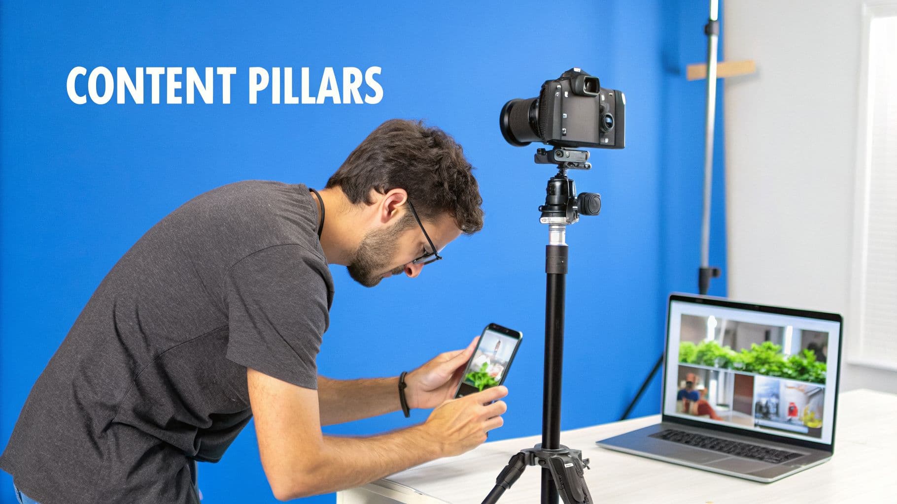 Man creating social media content, focusing on his phone, with a professional camera and laptop.