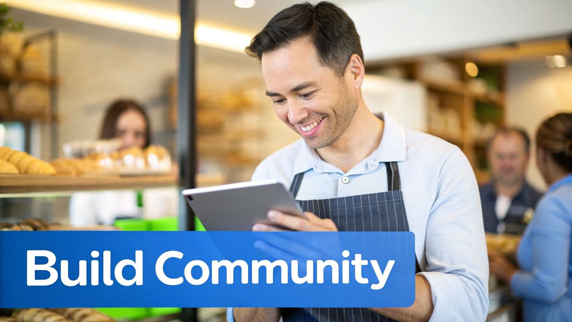 A smiling man in an apron uses a tablet in a bakery, surrounded by pastries and customers.