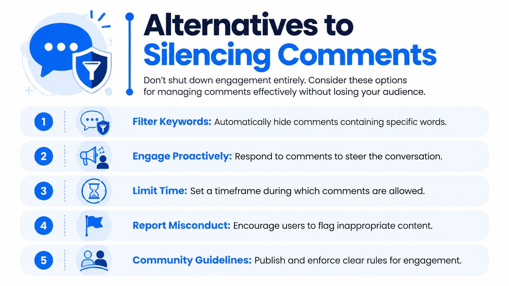 A graphic listing five strategies to manage comments on social media platforms instead of disabling them entirely.