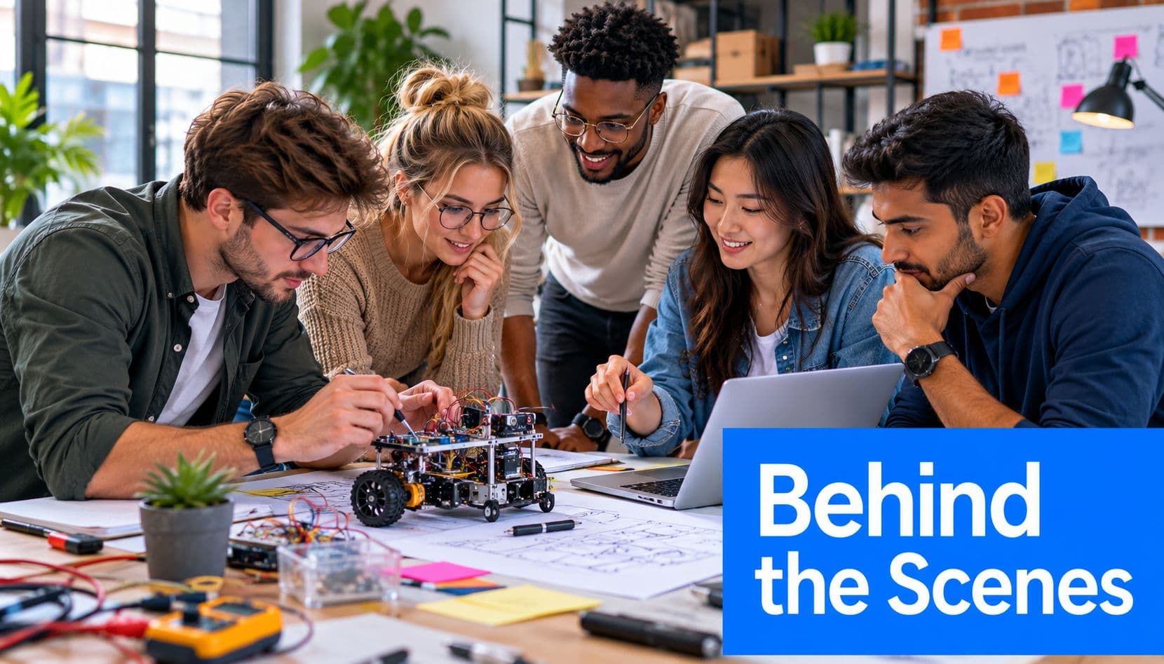A diverse team of engineers collaborating on a small robotic device in a modern, creative office environment.