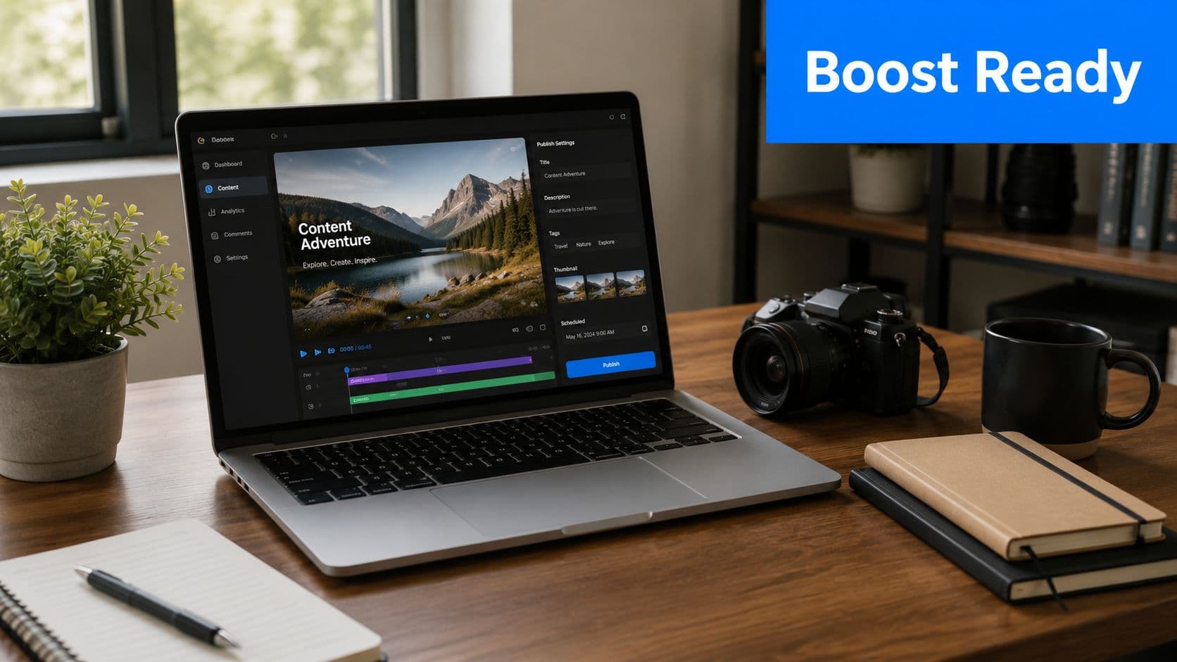 A modern laptop displaying video editing software on a wooden desk with a camera and notebook.