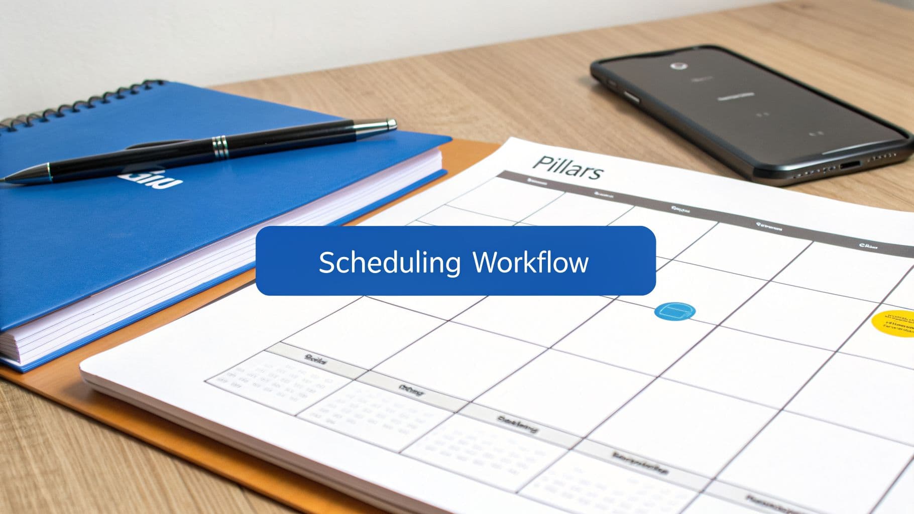 A desk with a blue notebook, pen, smartphone, and a calendar with "Scheduling Workflow" text.