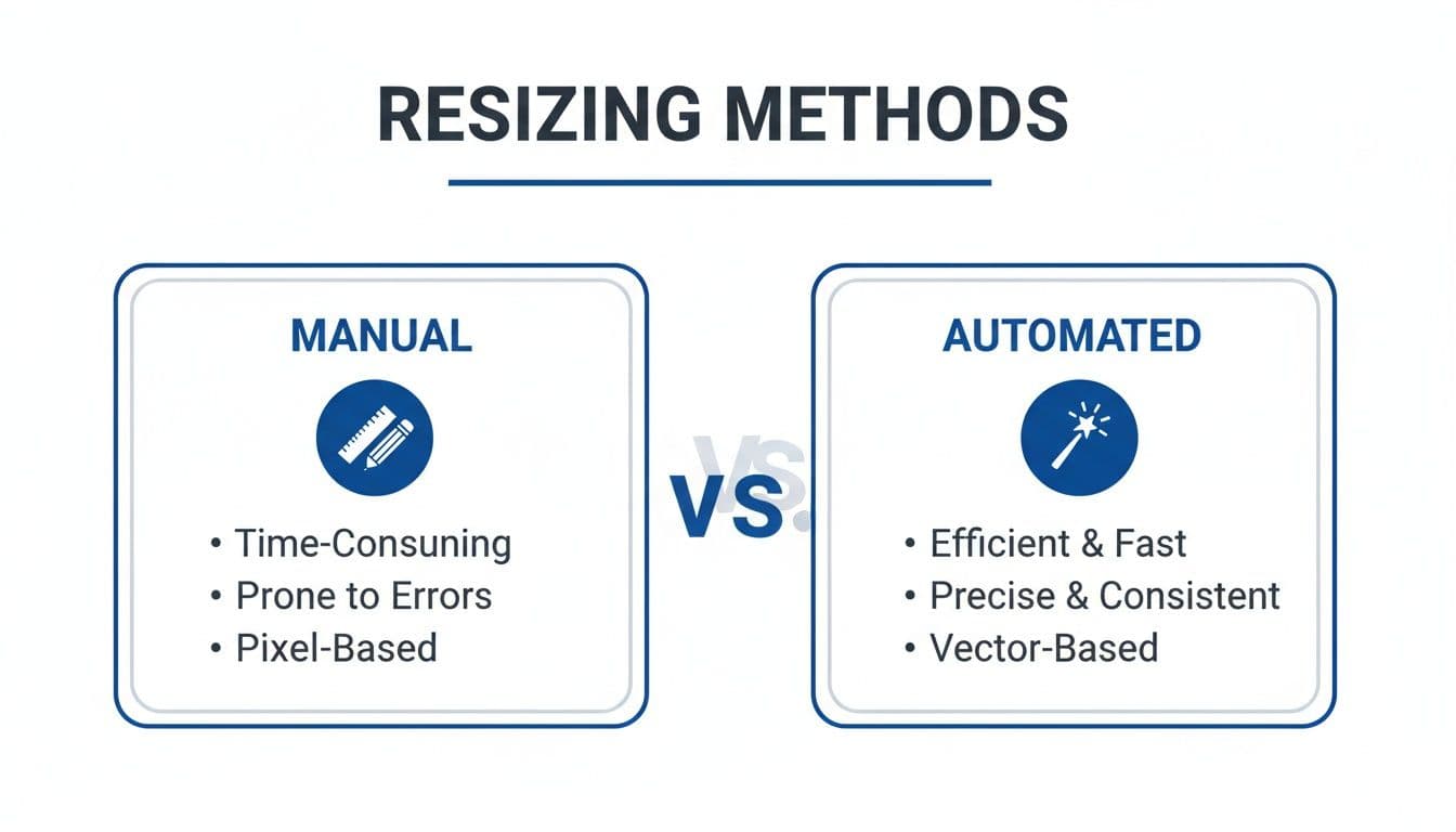 Infographic comparing manual and automated image resizing methods, highlighting their characteristics and benefits.