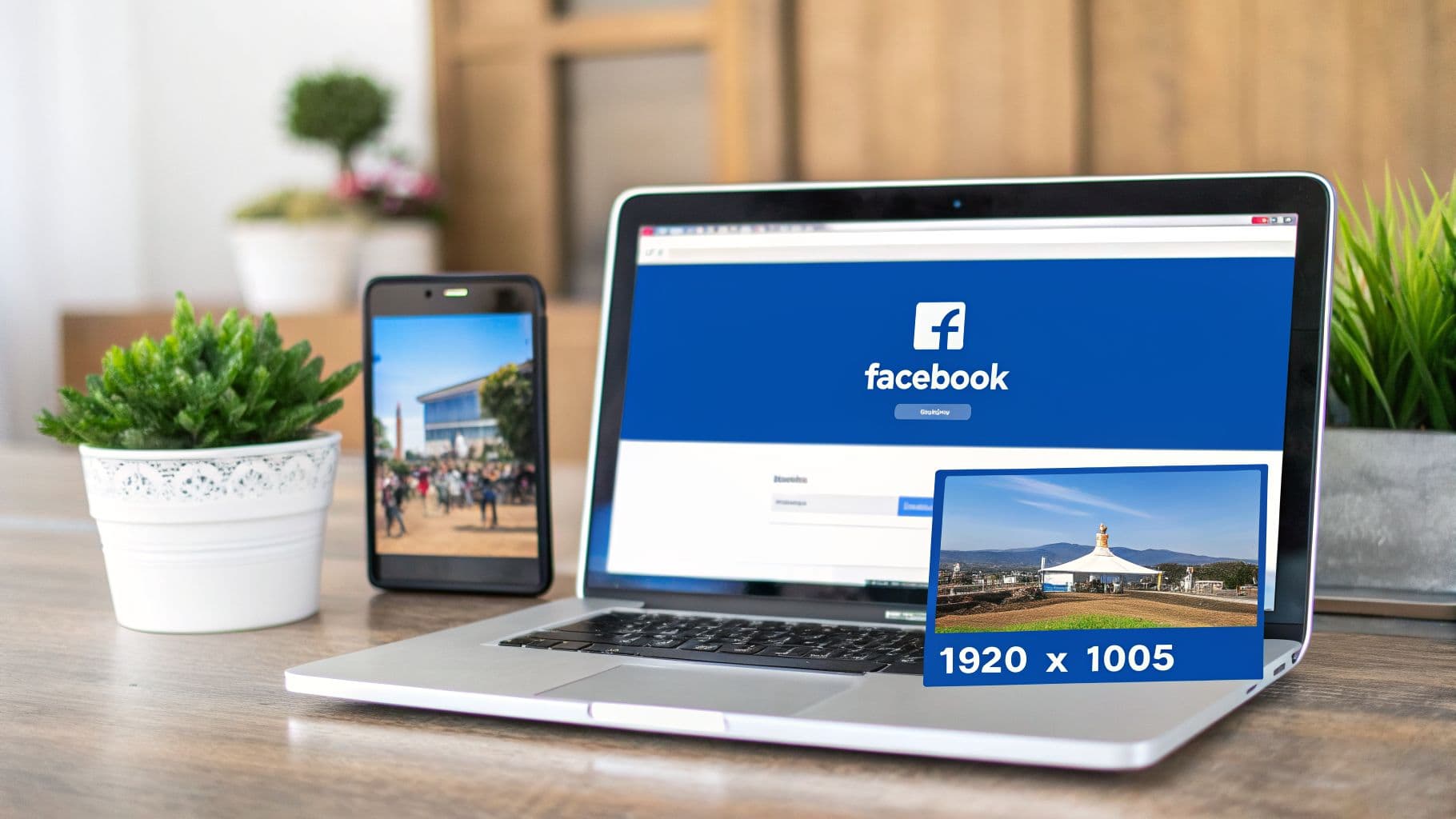 A laptop displaying Facebook, a smartphone, and an overlaid image with 1920x1005 cover size dimensions.