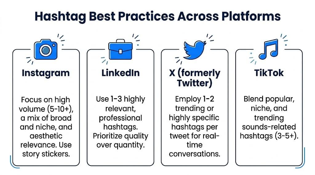A visual guide outlining recommended hashtag strategies and best practices for Instagram, LinkedIn, X, and TikTok platforms.