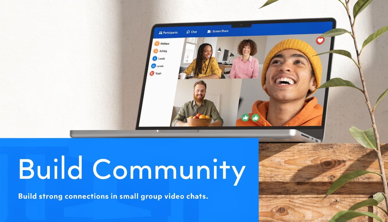 A laptop screen displaying a video chat interface with several people, promoting small group virtual community connections.