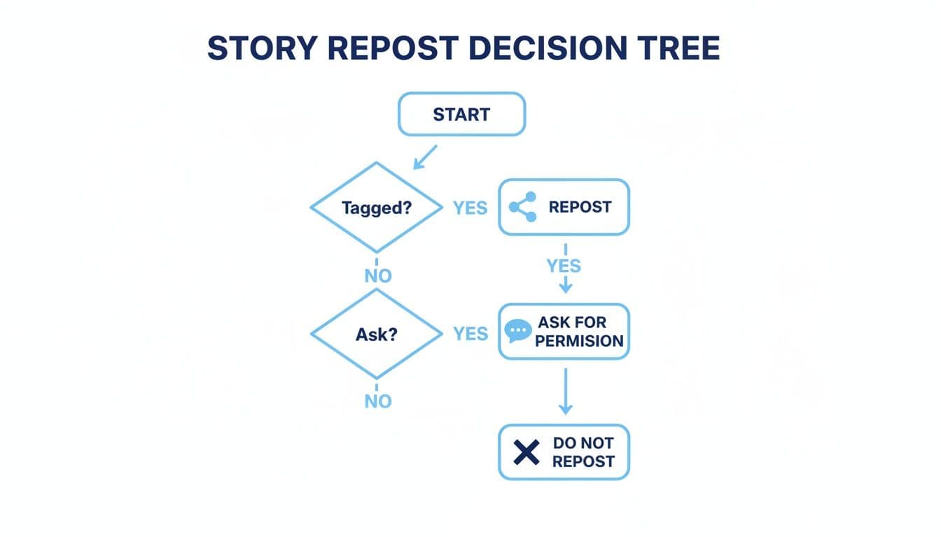 Flowchart showing story repost decision steps: Start, Tagged?, Repost, Ask?, Ask for permission, or Do not repost.