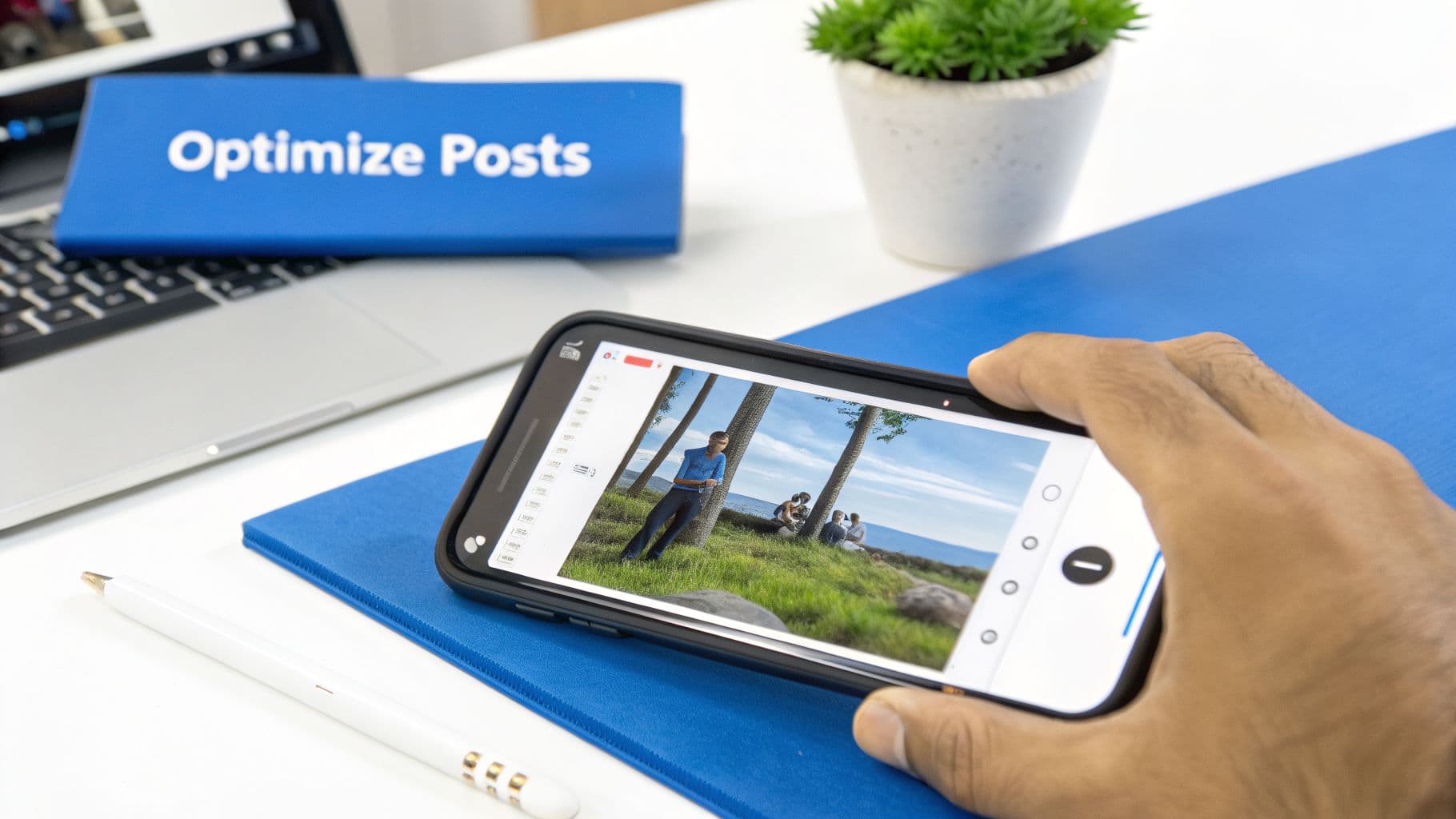 A person's hand holds a smartphone horizontally, displaying a photo editing app with a scenic image. On the desk, there is a laptop, a blue binder labeled 'Optimize Posts', and a pen.