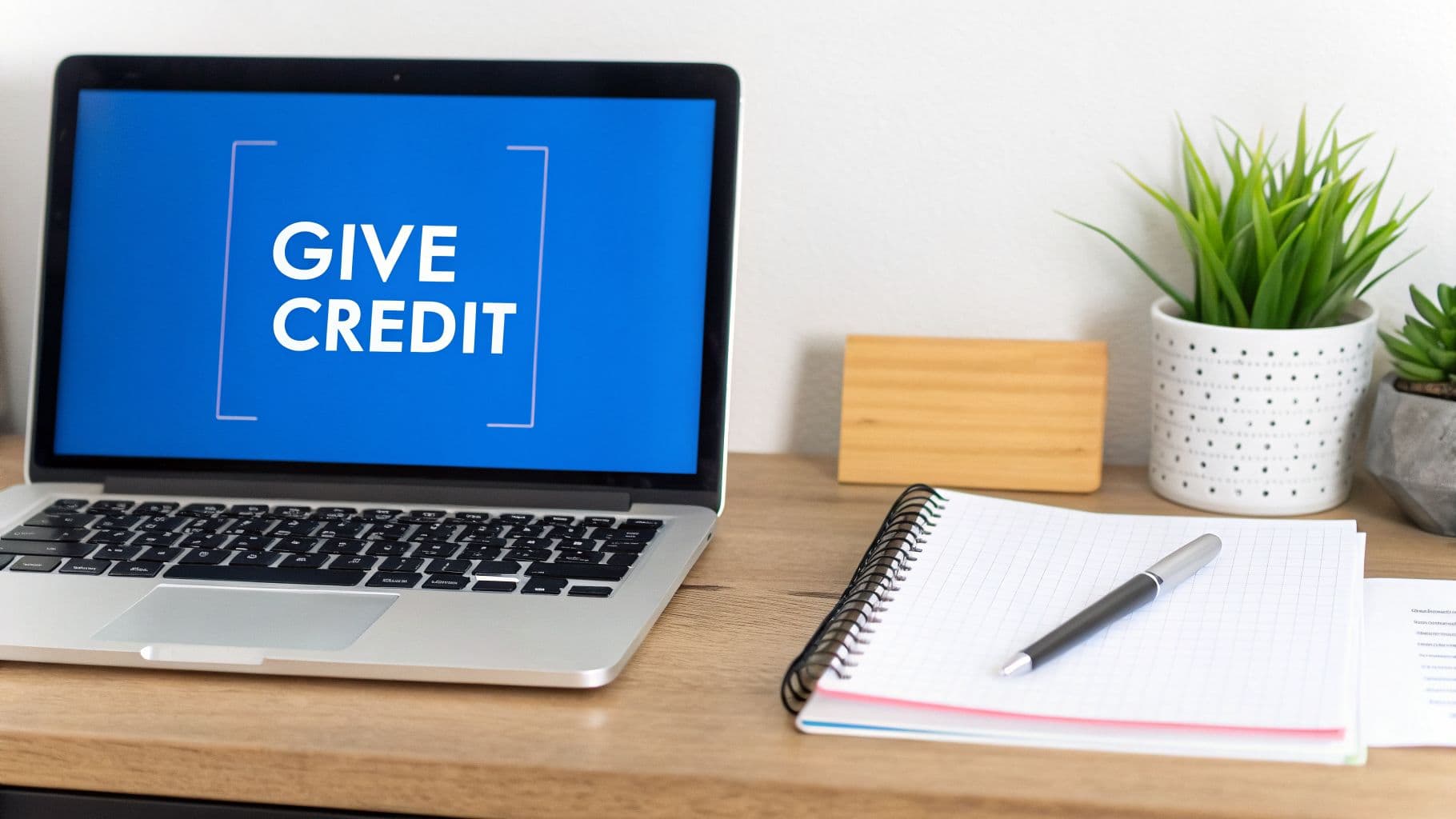 A laptop showing "GIVE CREDIT" on its screen, a notebook with a pen, and potted plants on a wooden desk.