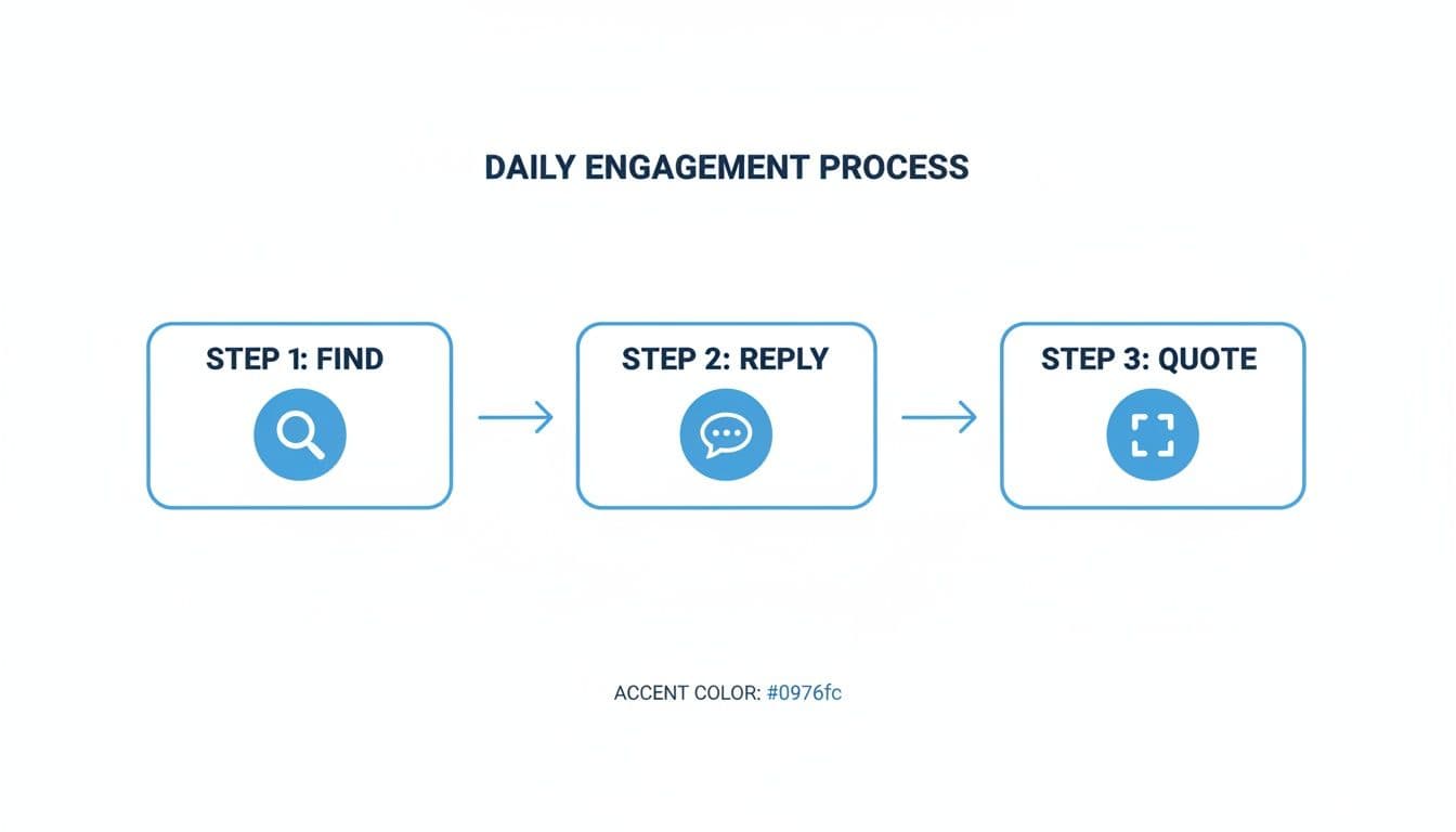 Flowchart illustrating a daily engagement process with three steps: Find, Reply, and Quote, using blue icons.