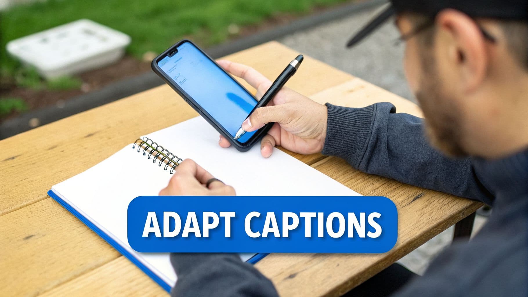 A person is holding a smartphone and a pen while looking at a blank notebook on a wooden table.