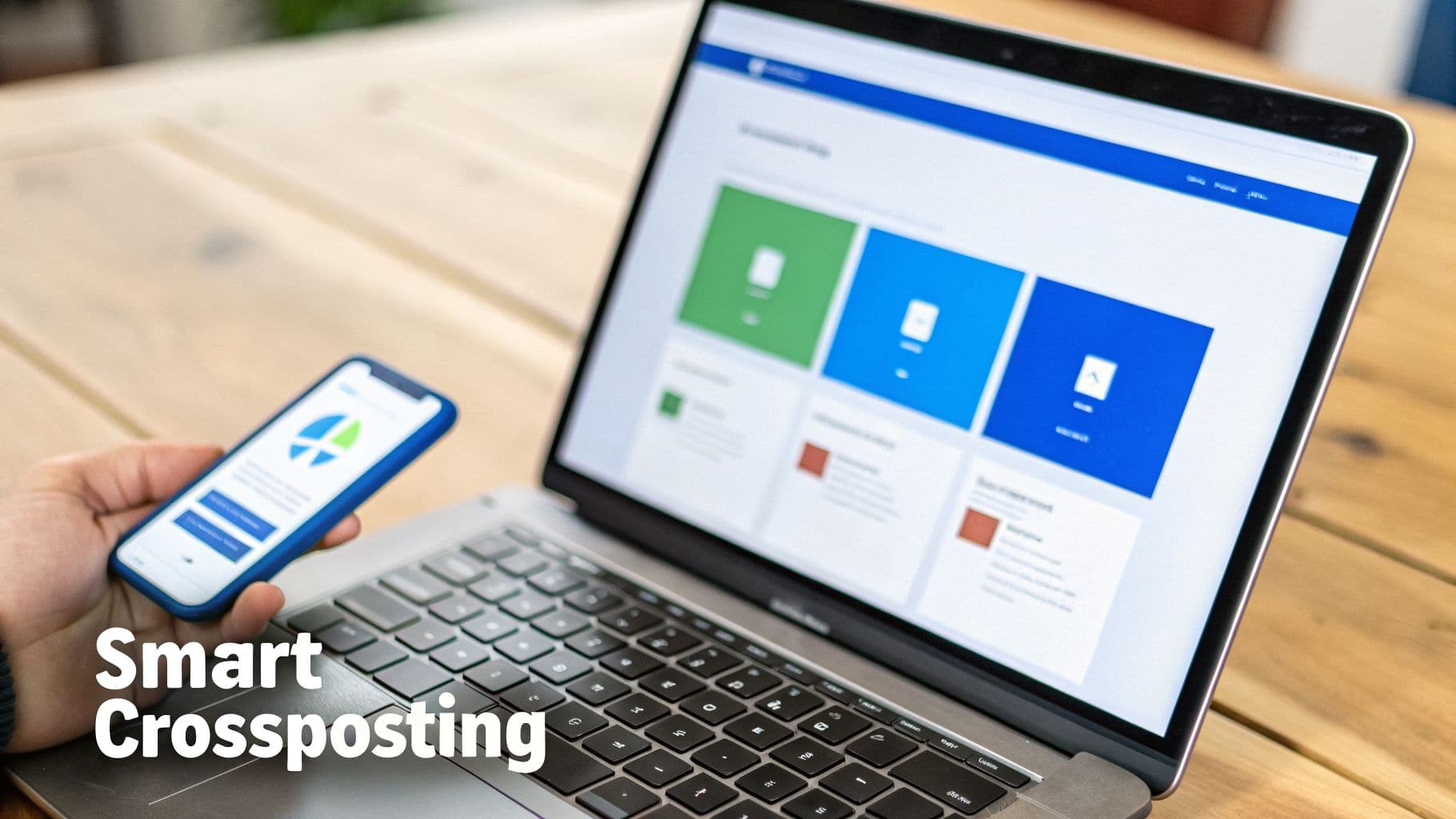 A hand holds a smartphone showing a content app next to a laptop with a dashboard.