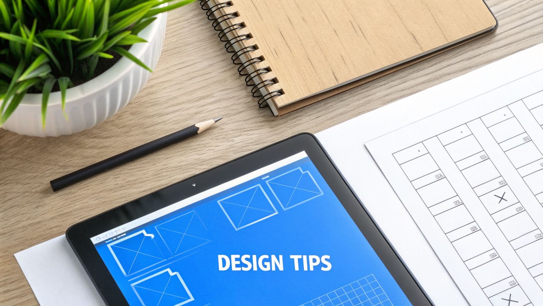 Overhead shot of a workspace with a tablet displaying 'DESIGN TIPS', a notebook, and office supplies.