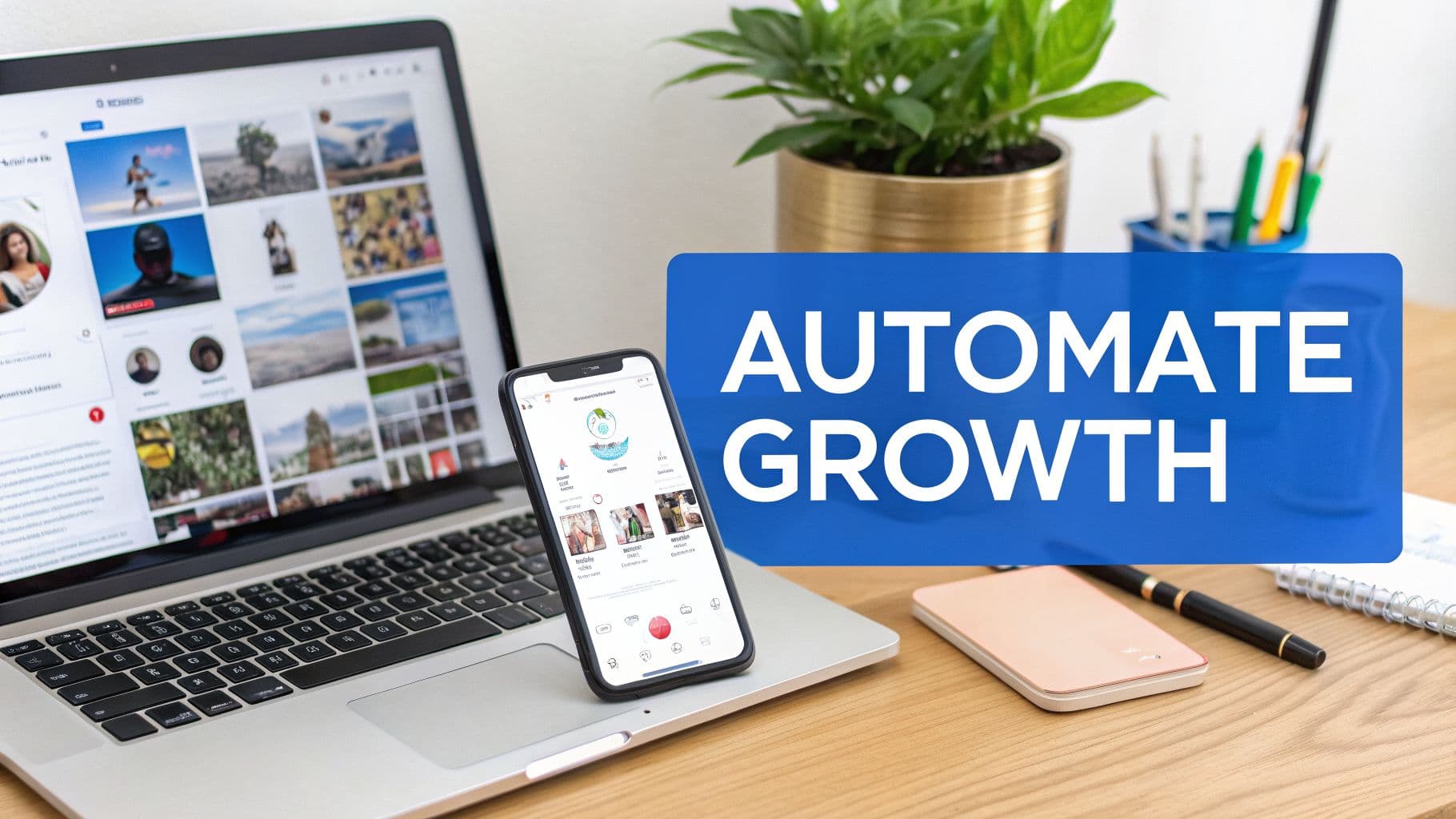 A desk setup with a laptop and smartphone showing social media, promoting 'AUTOMATE GROWTH'.