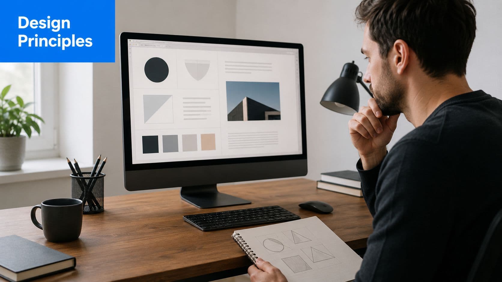 A professional designer working on a creative project at a desk with a monitor and sketchbook.