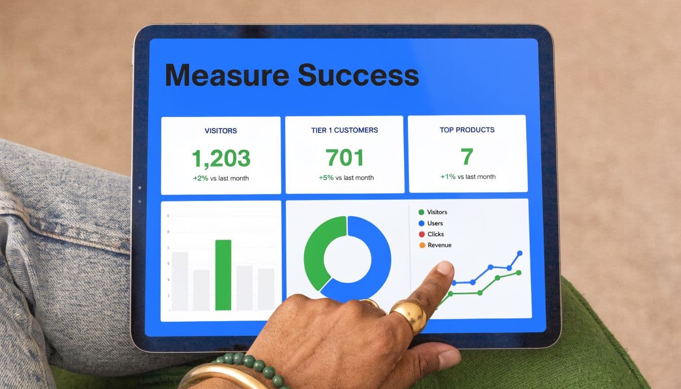 A person using a digital tablet to review business analytics dashboard data on social media and community management.