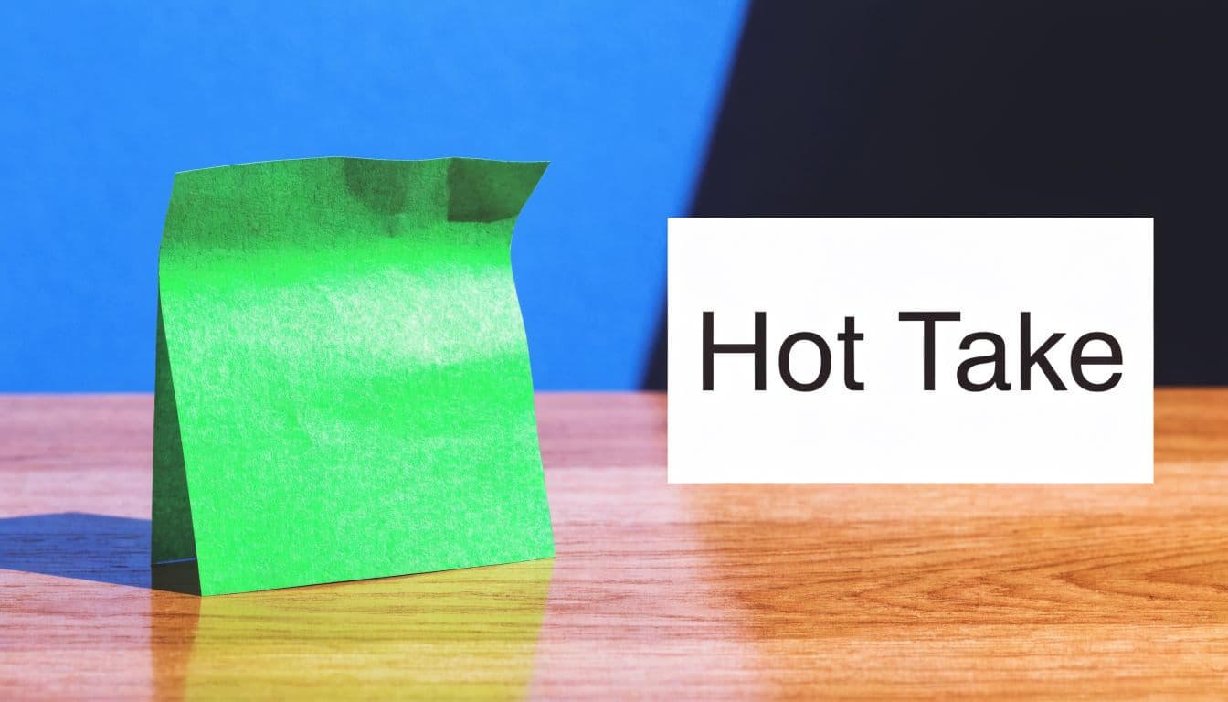 A green sticky note stands on a wooden desk with a white label reading Hot Take nearby.