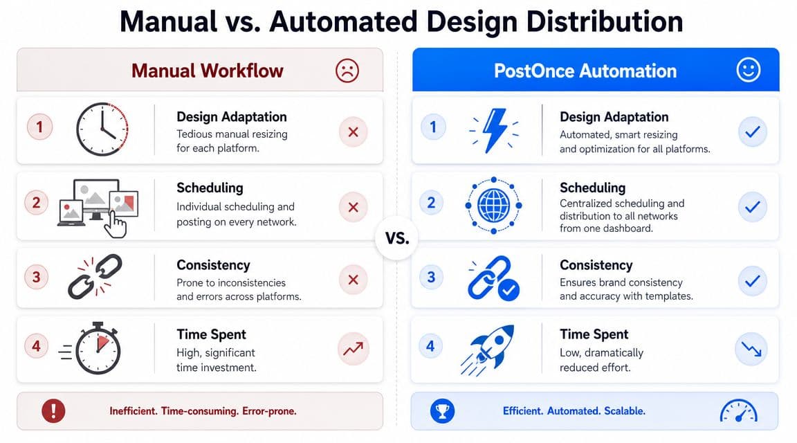 A comparison chart showing the benefits of PostOnce automation versus a manual design distribution workflow for social media.