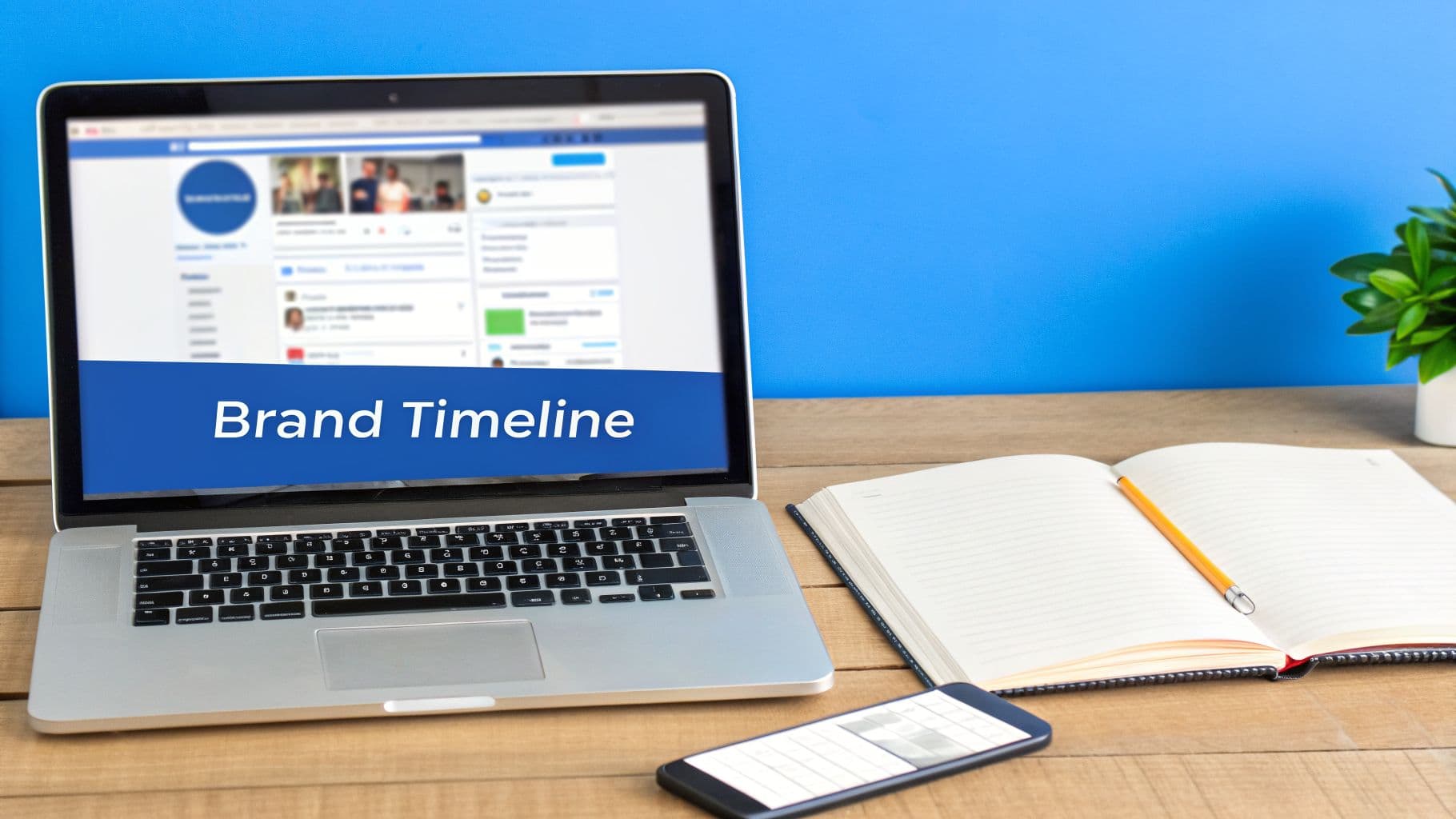 A laptop displays 'Brand Timeline' on a Facebook-like interface, with a notebook, pencil, and phone on a wooden desk.