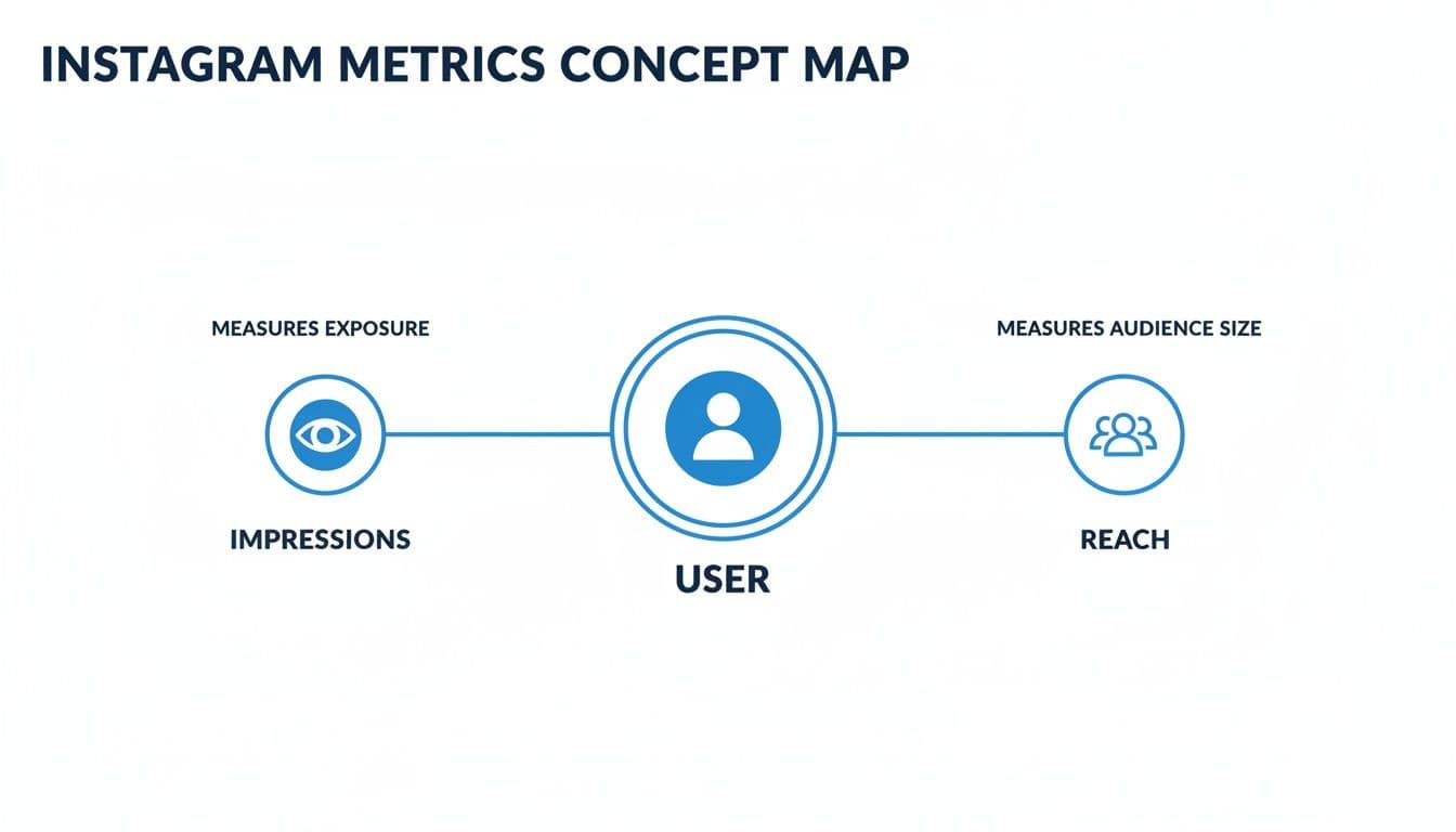Instagram metrics concept map showing a user connected to impressions and reach.
