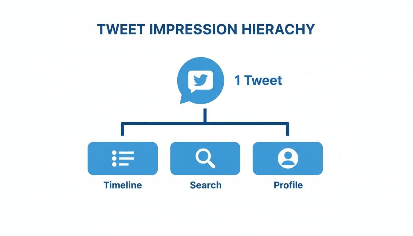 Diagram illustrating the tweet impression hierarchy, showing a single tweet generating impressions on Timeline, Search, and Profile.
