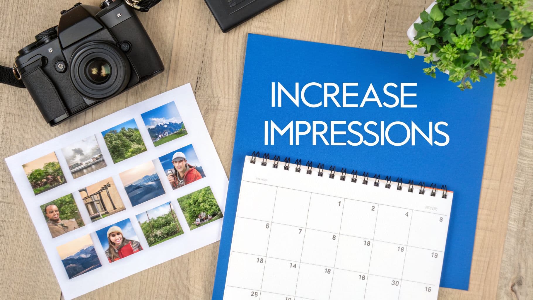 Flat lay of a desk with a camera, printed photos, calendar, and a blue folder with 'INCREASE IMPRESSIONS' text.