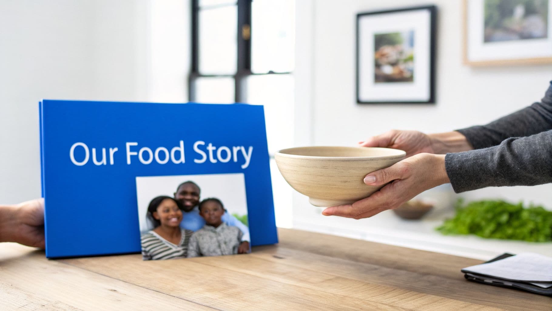 A person's hands offer a light brown bowl next to a blue 'Our Food Story' binder featuring a family photo.
