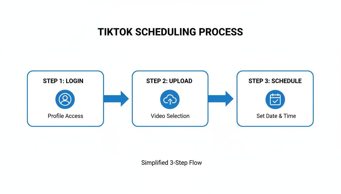 Flowchart illustrating the TikTok video scheduling process: login, upload video, and set date & time.