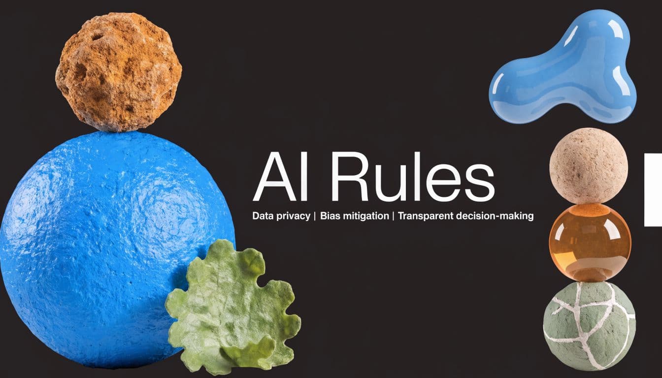 Abstract composition with rocks, spheres, and a leaf against a black background with the text AI Rules.