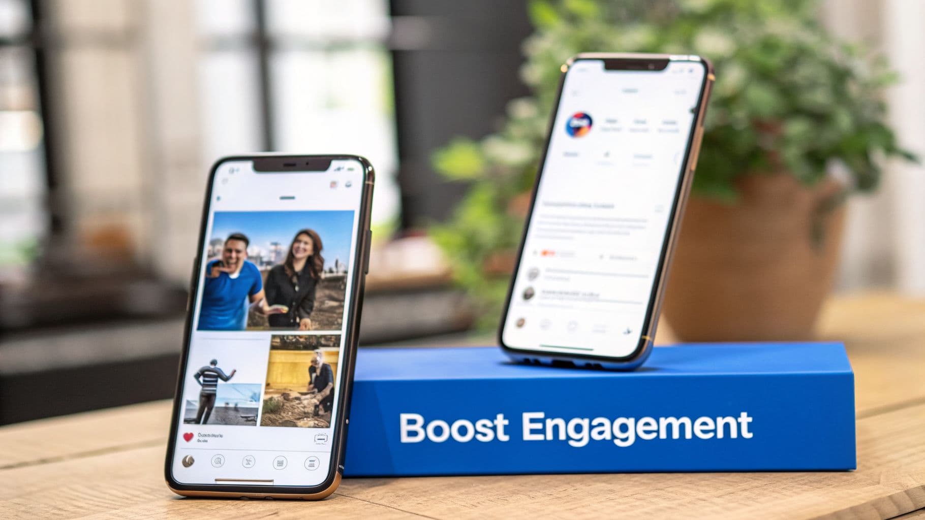 Two smartphones displaying social media content are placed on a blue block that says 'Boost Engagement'.