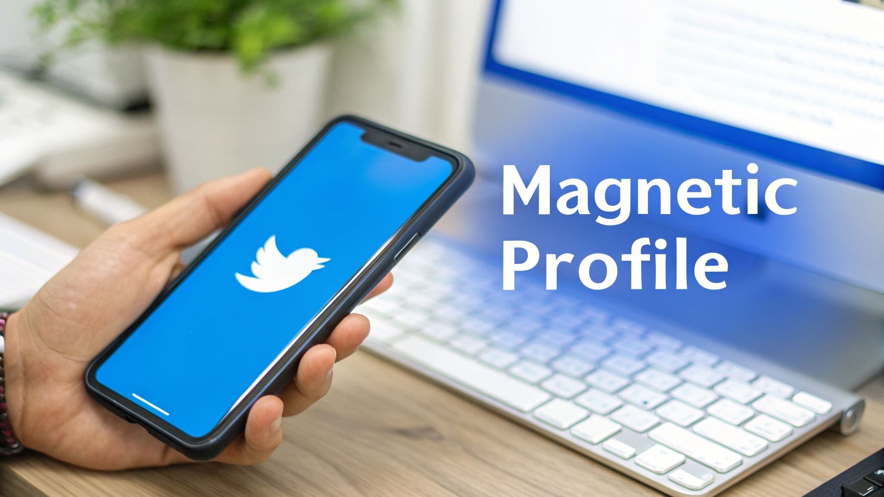 A hand holds a smartphone displaying the Twitter logo next to a laptop with 'Magnetic Profile' text.