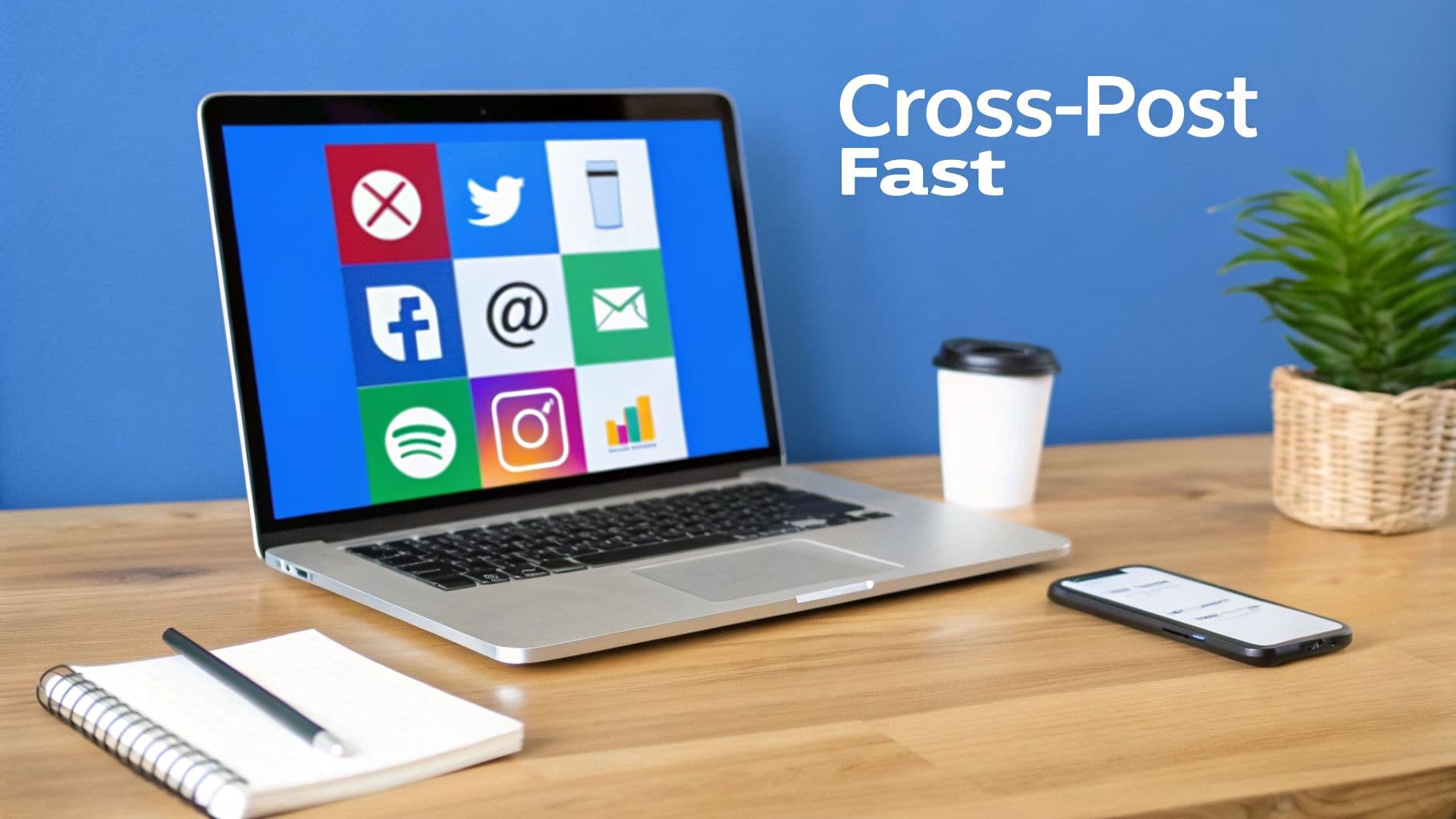 A laptop with social media icons, coffee, and phone on a desk, promoting fast cross-posting.